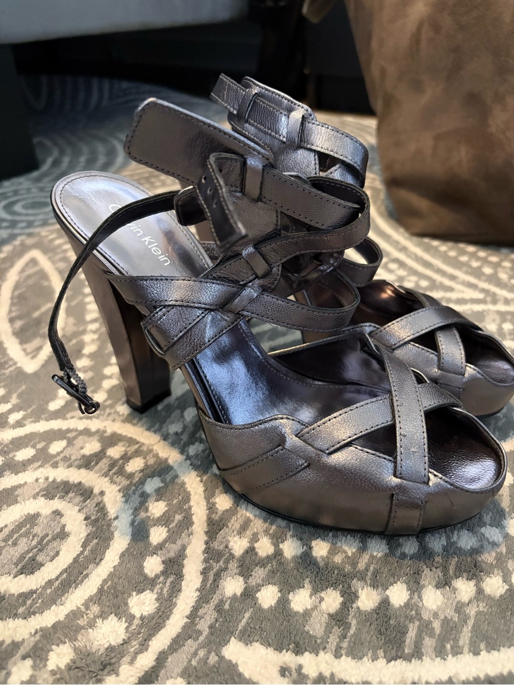 Calvin Klein Pewter Strappy High Heel Sandals